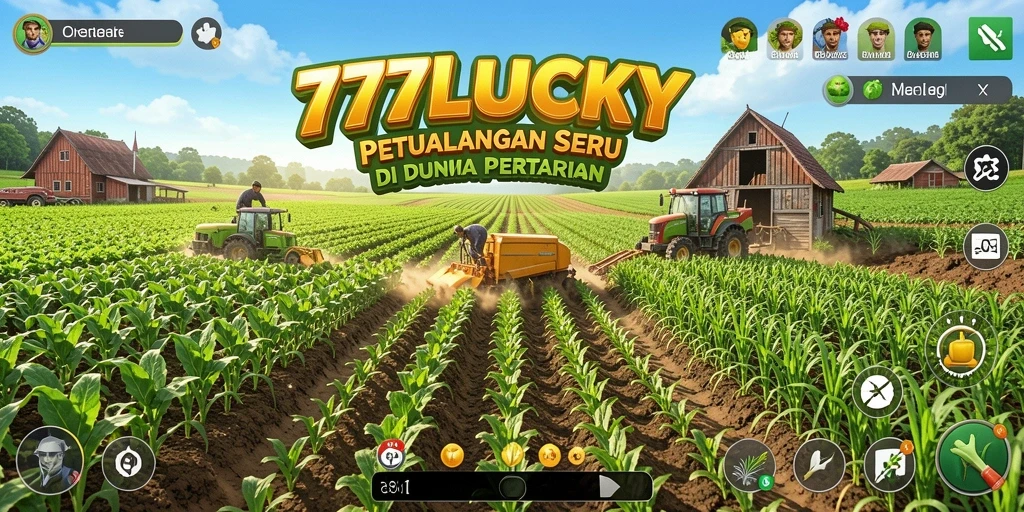 Screenshot gameplay 777LUCKY dengan ladang yang subur dan hewan ternak.