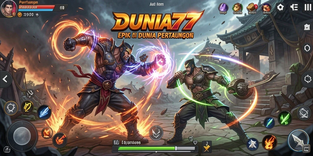 Screenshot gameplay DUNIA77 menampilkan aksi bertarung yang mendebarkan.