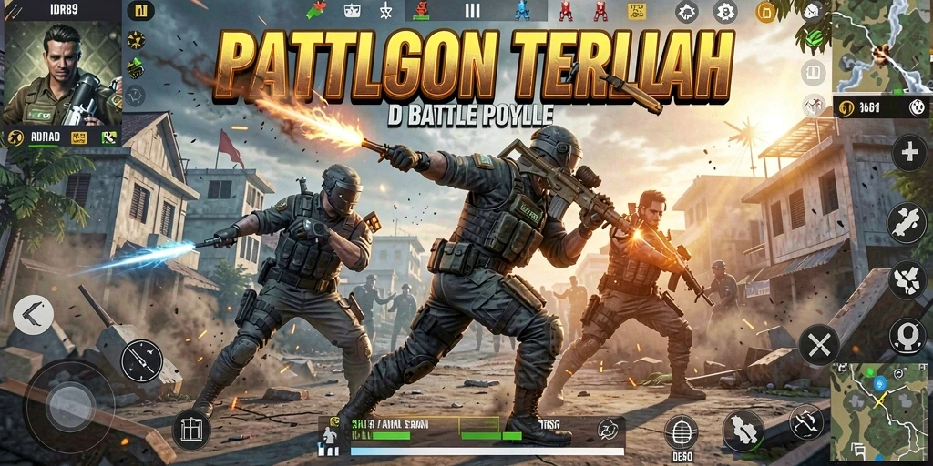Screenshot utama IDR89 menunjukkan aksi pertempuran seru dalam Battle Royale.