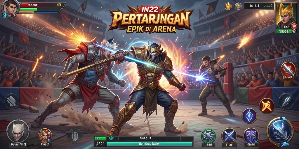 Tangkapan layar menampilkan karakter bertarung di arena yang dinamis.