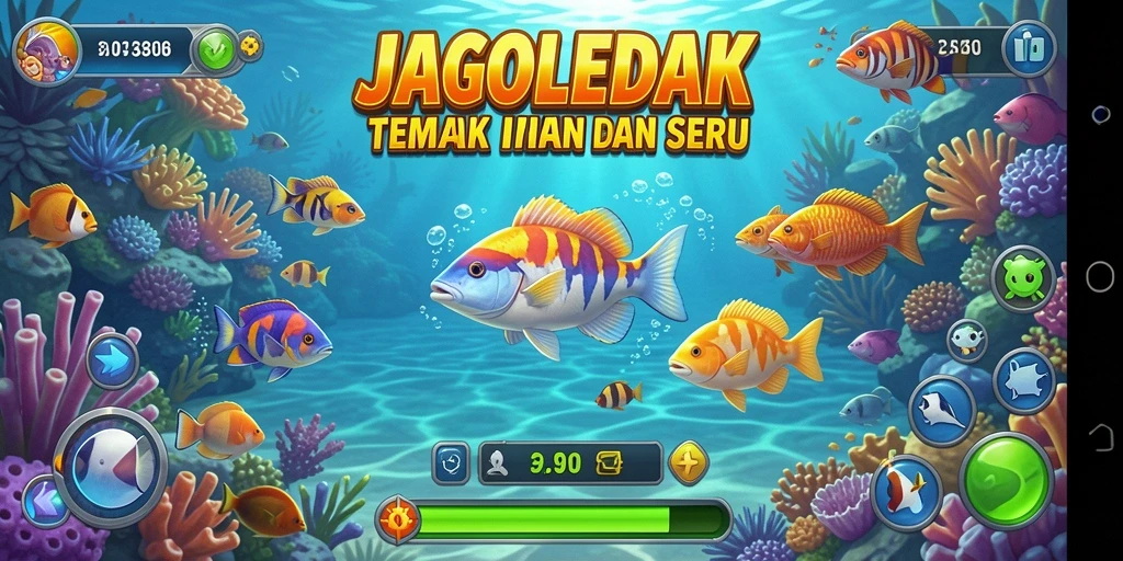 Screenshot gameplay JAGOLEDAK menunjukkan aksi menembak ikan yang mendebarkan.