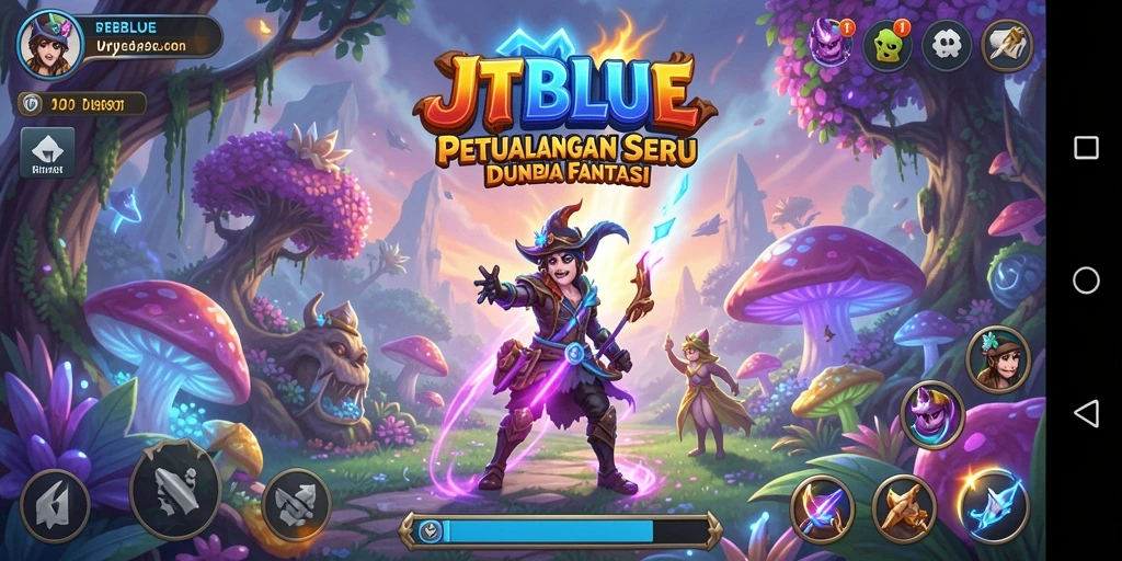 Tangkapan layar JTBLUE menampilkan aksi petualangan seru di dunia fantasi.