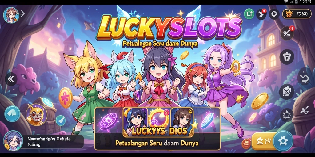 Screenshot gameplay LUCKYSLOTS menampilkan karakter anime yang menghibur.