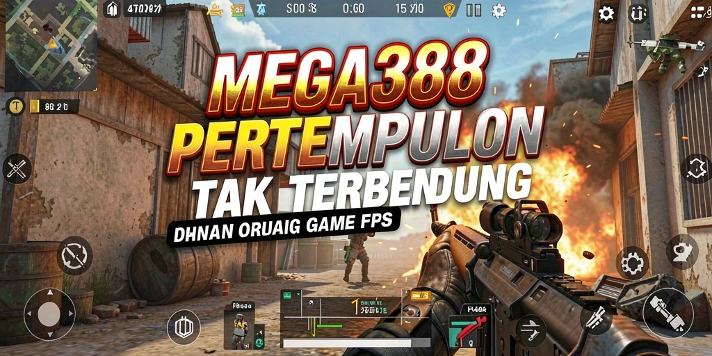 Screenshot MEGA388 menampilkan aksi pertempuran seru dalam gaya FPS.