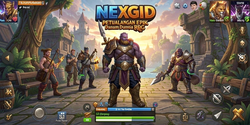 Screenshot gameplay NEXGID yang menampilkan pertarungan epik dan karakter berwarna.