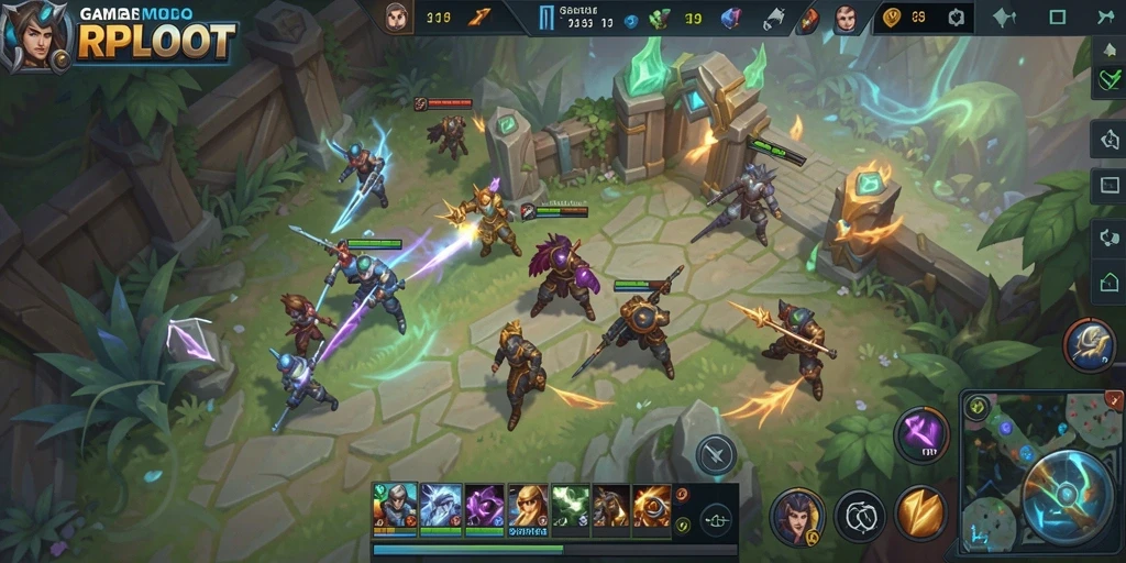 Tangkapan layar utama RPLOOT menampilkan aksi seru dalam pertempuran MOBA.