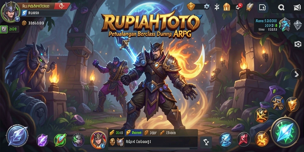 Tampilan gameplay RUPIAHTOTO dengan pertempuran seru dan dunia yang luas.